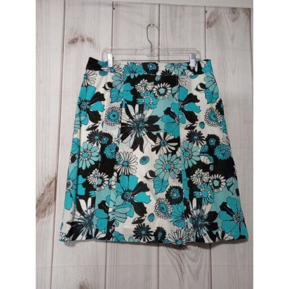 Briggs New York Womens Floral A-Line Skirt Teal Blue Black White Cotton Size 14